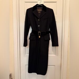 Louis Vuitton Black Wool Long Coat with Velvet Belt and Brass Locket Detail